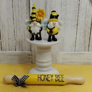 Bumble Bee Gnome Figurines & Honey Bee Rolling Pin Tier Tray
